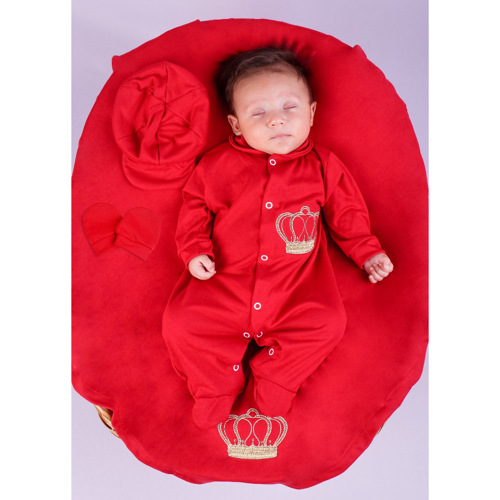 Saída Maternidade Menino Coroa Vermelho 04 Peças Roupa de Bebê Menino