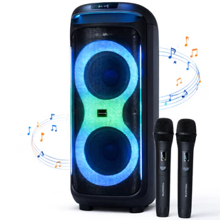 Caixa de Som Bluetooth 300W com 2 Woofers 8” Karaokê 2 Microfones Sem Fio Bateria 12V  Portátil em Oferta na Shopee