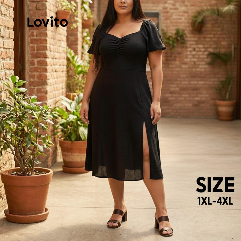 Lovito Vestido Feminino Plus Size Manga Curta Liso LB476BRL506