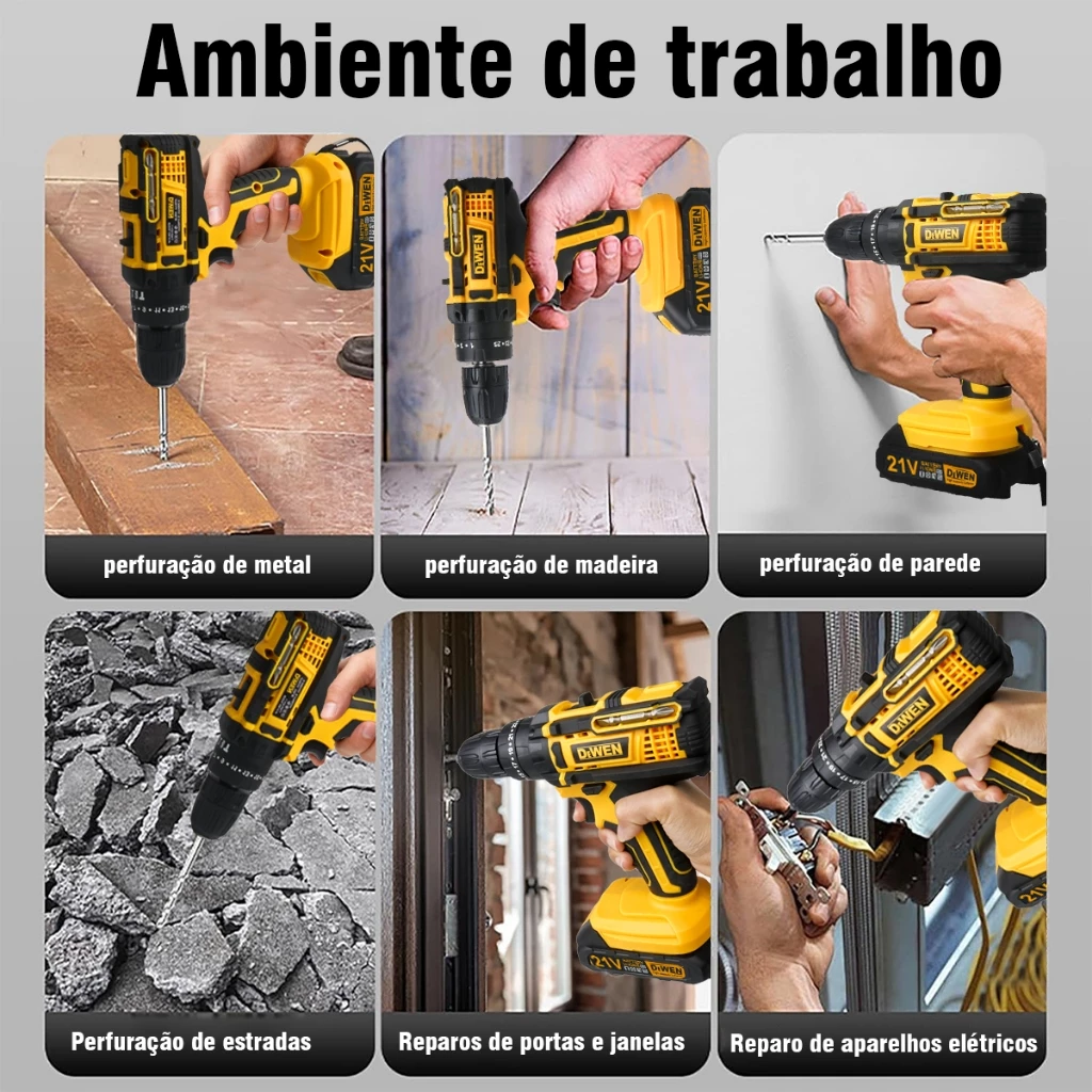 Parafusadeira Furadeira De Impacto Sem Fio 3 funções 2 Baterias Com Maleta e Acessórios 37pcs DeWEN