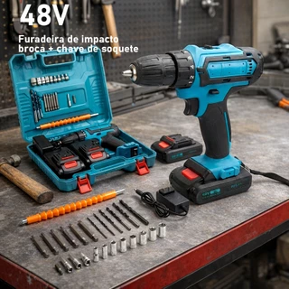 Furadeira e Parafusadeira de Impacto 48V - Alta Performance com 2 Baterias Recarregáveis e Estuche Incluso
