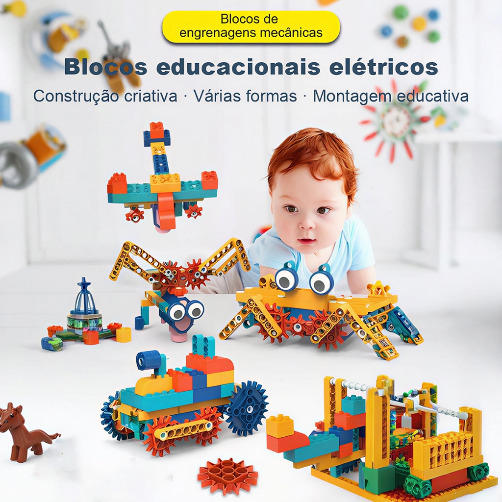 Kit de Blocos com Motor e Engrenagens｜Brinquedo Mecânico STEM para ...