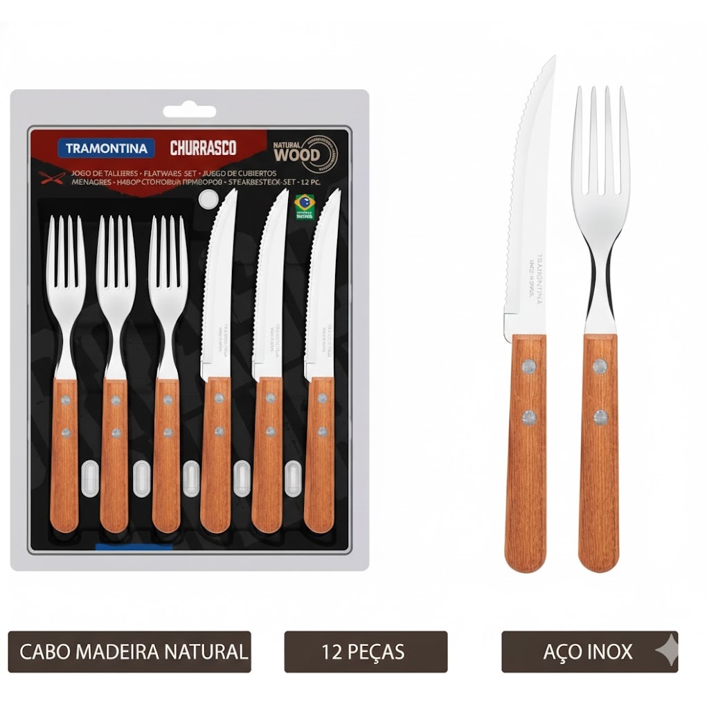 Jogo de Talheres Tramontina Churrasco 12 Peças | Lâminas Aço Inox + Madeira Natural 22399030