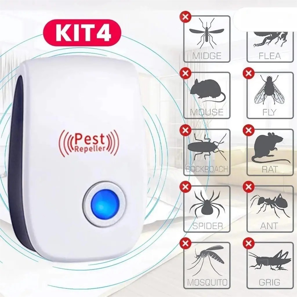 KIT 4 Repelente Eletrônico Ultrassônico Mosca Pernilongos Baratas Morcegos repele e Espanta Ratos bivolt