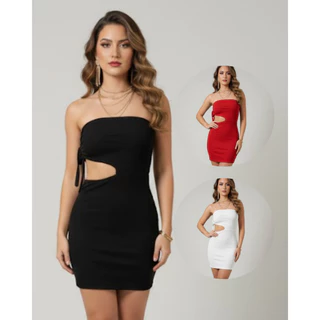 Vestido Canelado Curto Tomara que Caia Tubinho Moda Gringa Fenda na Barriga Amarração