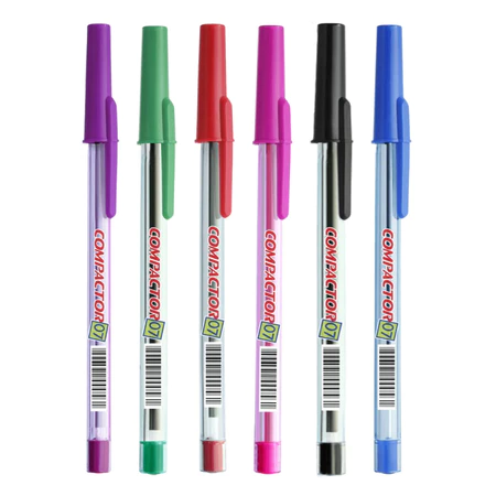 Kit caneta Compactor escrita fina coloridas corpo transparente - azul preta vermelha verde rosa roxa