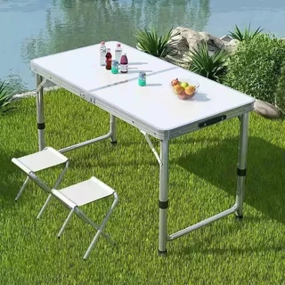 Kit Mesa Dobrável Portátil Vira Maleta Camping Churrasco 120X60cm com 4 Banquinhos Dobráveis Brancos em Oferta na Shopee
