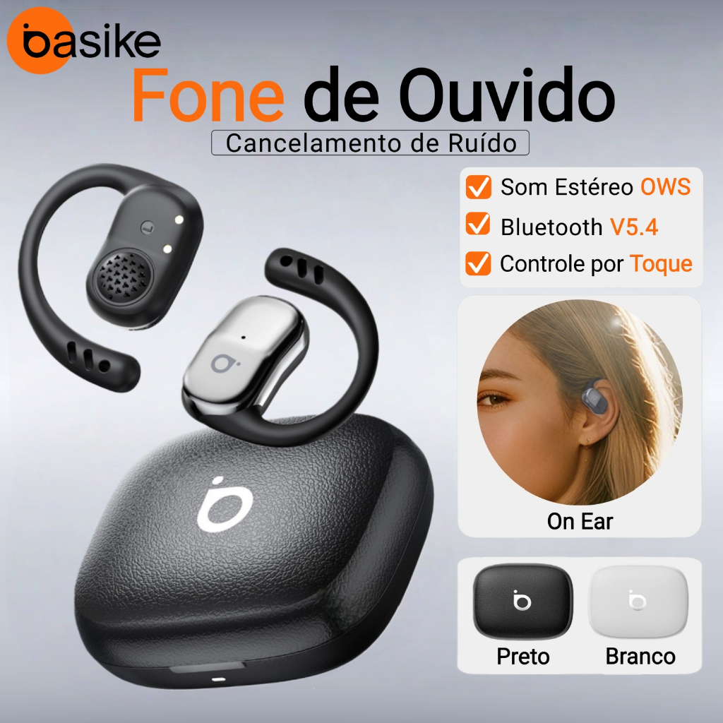 Basike Fone de Ouvido Bluetooth V5.4—Cancelamento de Ruído, OWS Som Estéreo,Profissional de Esportes