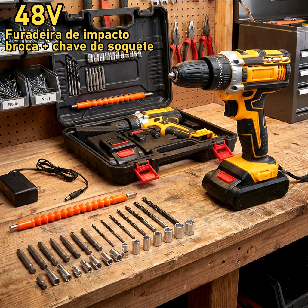 Kit Completo Parafusadeira 48V Furadeira de Impacto 2 Baterias