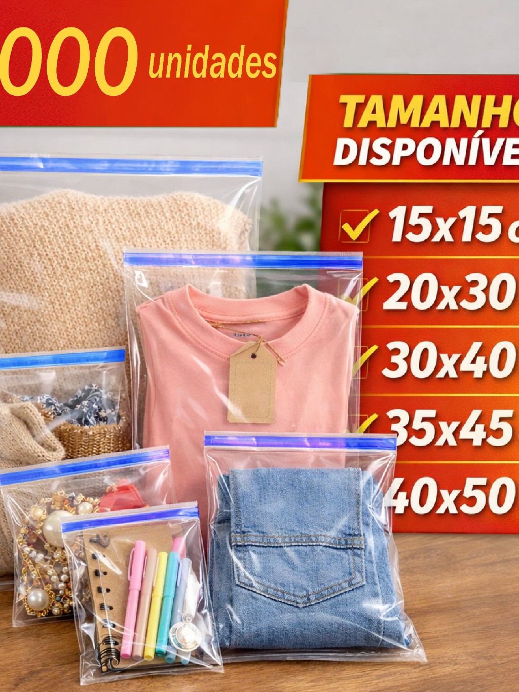 1000x Sacos Plásticos Transparentes Com aba Adesiva PP Para Roupas ...