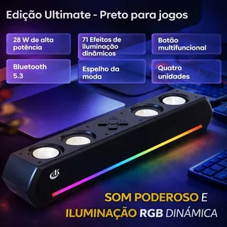Caixa de Som Bluetooth Espelhada 30W Potente com 4 Alto-Falantes LED RGB Soundbar para PC COR: PRETO
