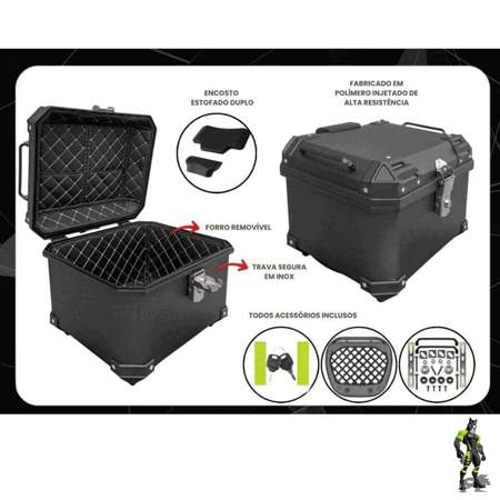 BAÚ BAULETO PLASTICO ABS TRASEIRO 45L UNIVERSAL PRETO COM BASE, FORRO E ENCOSTO DE BRINDE