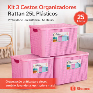 Kit 3 Caixas Organizadoras Rattan 25L Plásticas com Tampa Empilháveis em Oferta na Shopee