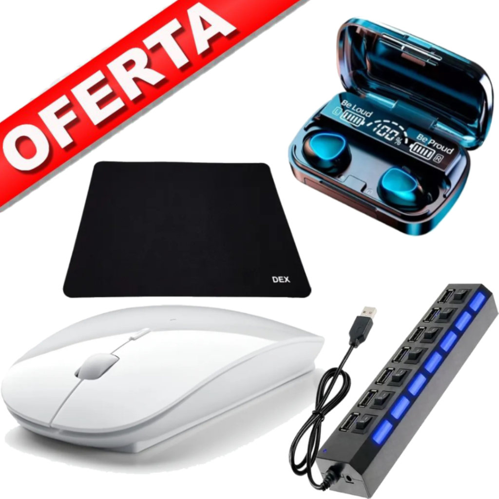 Mouse Sem Fio a Pilha Led Wireless Cor Branco e Mouse Pad Dex Hub USB 7 ...