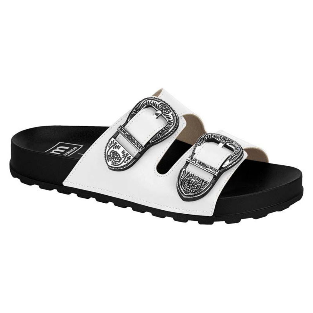 Sandalia Moleca Feminina Slide Preta Branco Com Fivelas Com Nota Branco Liso Chinelo Papete