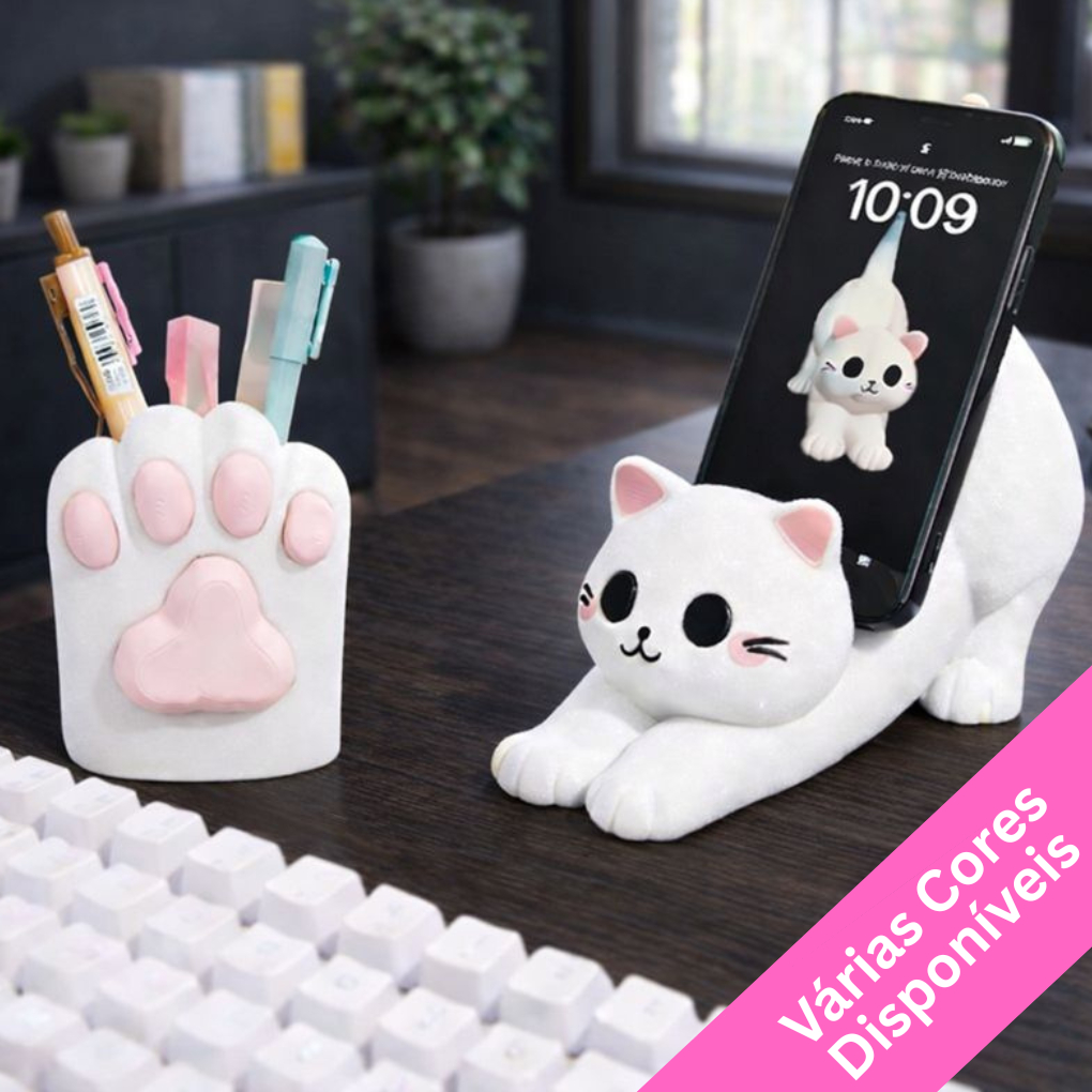 Kit Porta Lapis Canetas Gatinho mais Suporte para Celular