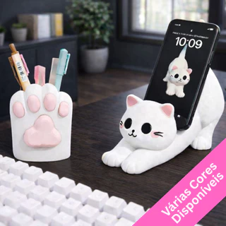 Kit Porta Lapis Canetas Gatinho mais Suporte para Celular