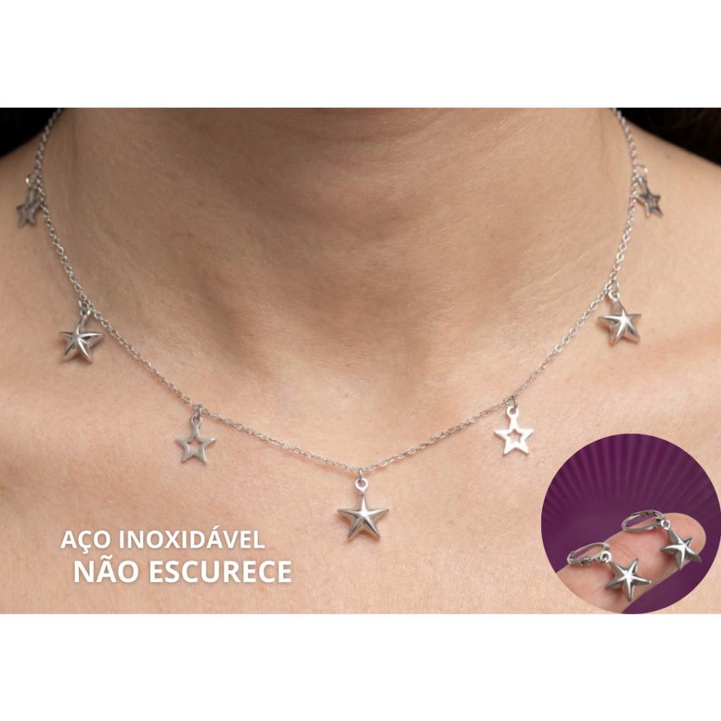Conjunto Feminino Colar e Brinco Estrela Aço Inoxidável Cirúrgico Prata antialérgico Moderno presente
