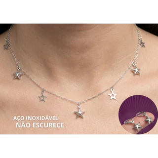 Conjunto Feminino Colar e Brinco Estrela Aço Inoxidável Cirúrgico Prata antialérgico Moderno presente