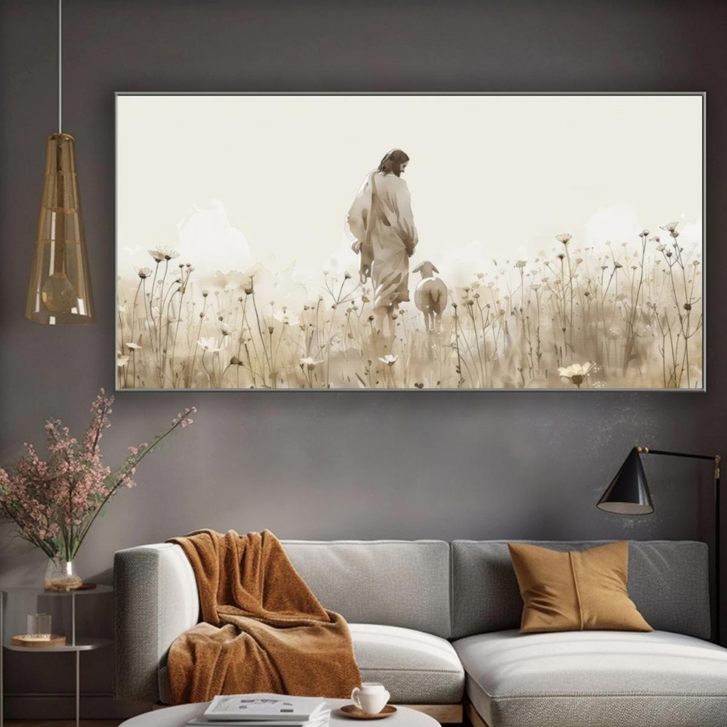 quadro decorativo 1 peça horizontal jesus cordeiro campo flores arte cristã para sala