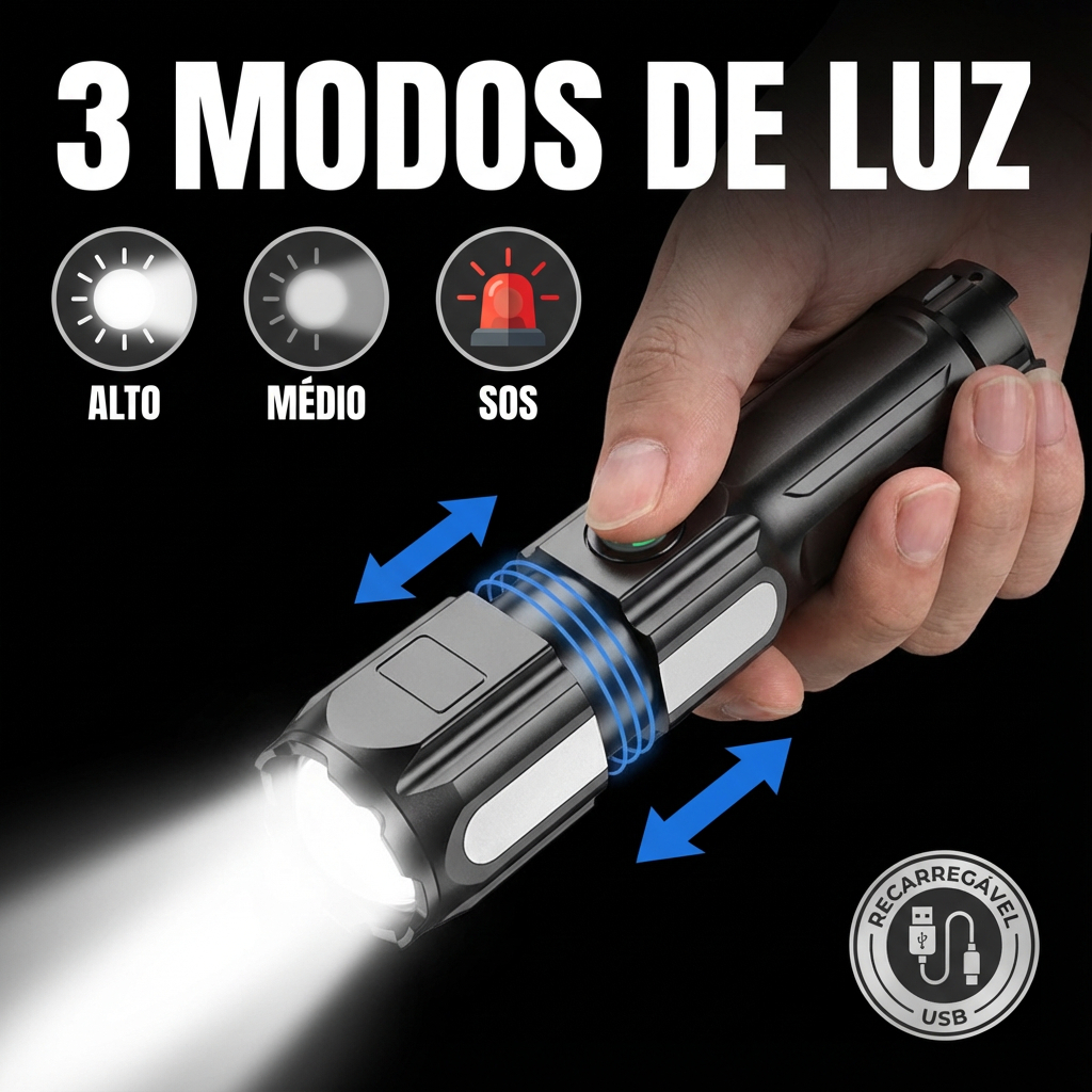Lanterna LED Potente Recarregável com Zoom Longo Alcance USB Resistente ...