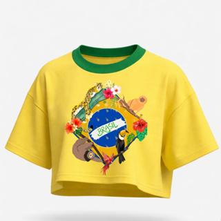 Cropped Brasil Feminino Oversized Estilo Streetwear Estampa Bandeira Algodão Premium em Oferta na Shopee