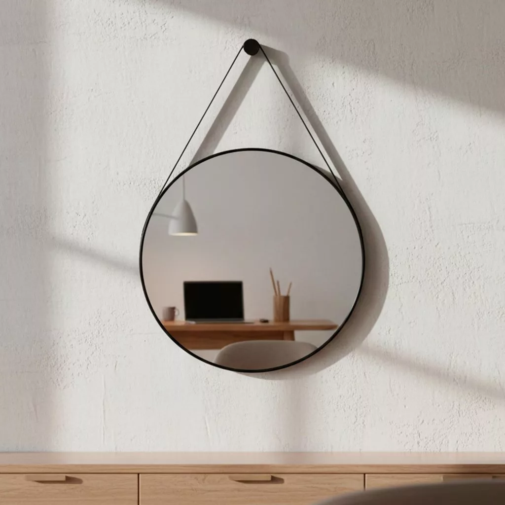 Espelho Redondo Para Banheiro Alça Couro Espelho Decorativo 60cm Suporte Sala Hall Espelho Adnet