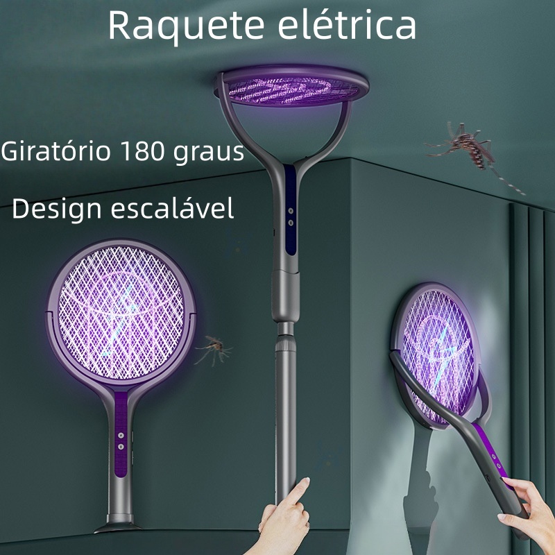 Raquete Elétrica Retrátil Giratório Recarregável Com Luz Para Matar Mosquito Inseto De Alta Potência 2 em 1