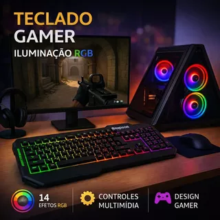 Teclado Gamer Semi Mecânico RGB Anti Ghosting com Iluminação LED Colorida para PC e Notebook