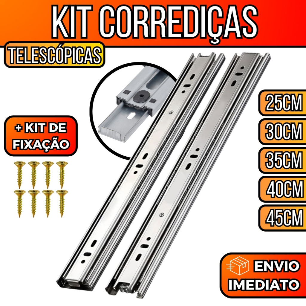 Kit Corrediças Telescópica Light 25cm Até 45cm Trilho Gaveta 30kg Com Parafusos Deslizamento Suave