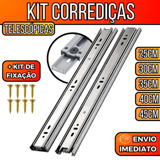 Kit Corrediças Telescópica Light 25cm Até 45cm Trilho Gaveta 30kg Com Parafusos Deslizamento Suave