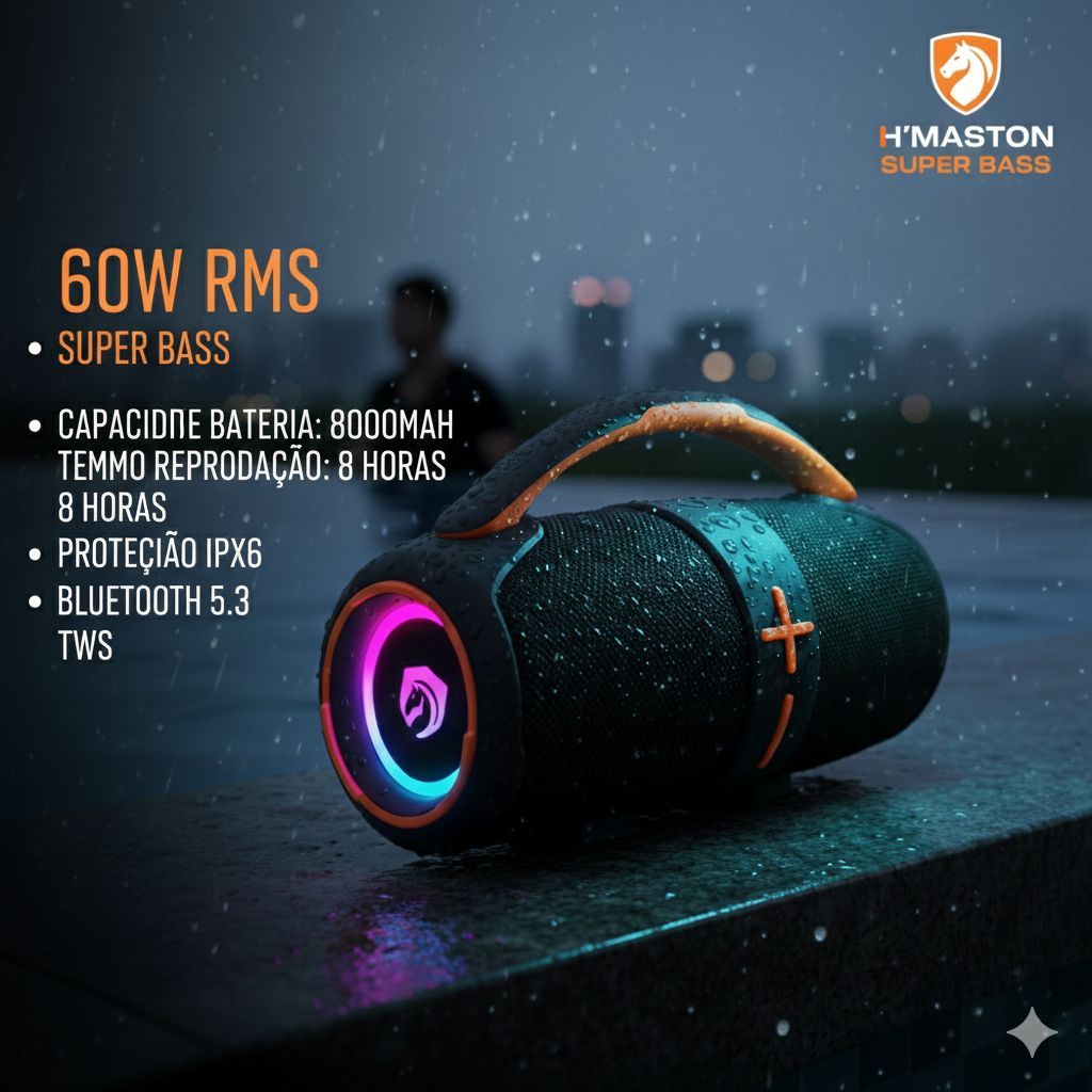 Caixa de Som Bluetooth H'Maston AM51 60W RMS Potente À Prova D'água ...