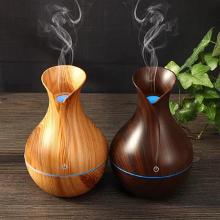 Umidificador Design de Vaso Aromatizador Silencioso textura de Madeira Recarregável com LED