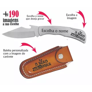 Canivete inox sem clip de bolso e bainha couro personalizada