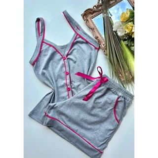 Pijama americano de alça baby doll 100% algodão baby botões short pijama de algodão pijama feminino em Oferta na Shopee