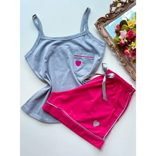Baby Doll 100% Algodão Fio 30.1 Alcinha + Short | Bolso | Bordado Coração | Linha Noite Aline | P-GG em Oferta na Shopee