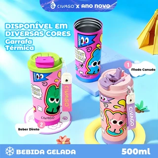 CIVAGO Copo Térmico 500ml com Alça de Tecido e Estampa Fofa Garrafa Térmica Fashion Antivazamento 12h Quente/24h Frio