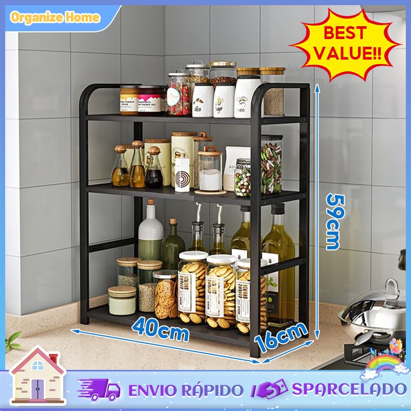 prateleira organizadora Prateleira para condimentos prateleira de cozinha, estrutura de madeira +aço à prova de ferrugem | Shopee Brasil