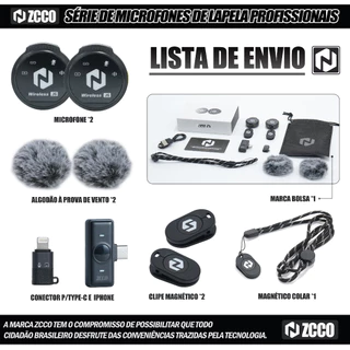 ZCCO J6-F Microfone Lapela Sem Fio Profissional Magnético Cancelamento Ruído Captação 360° Compatível iPhone iOS