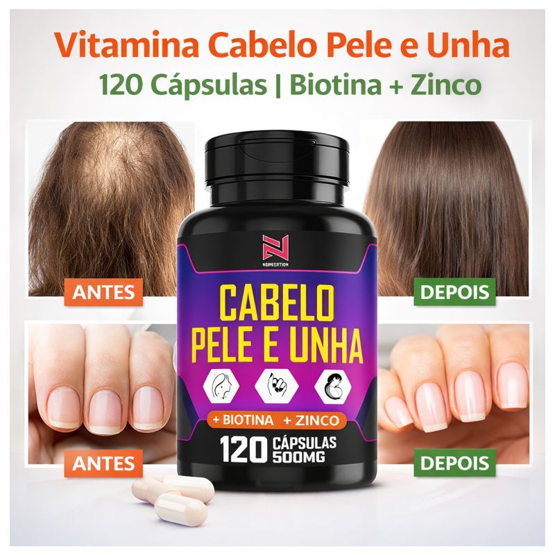 Vitamina Cabelo Pele e Unha 120 Cápsulas Biotina Zinco Queda de Cabelo ...