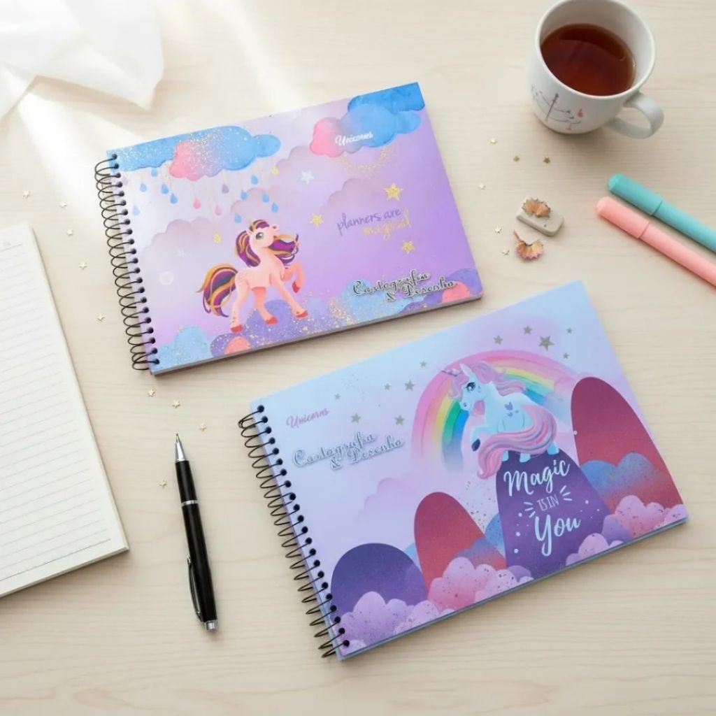 Cadernos Cartografia Desenho Unicórnio 96 Folhas Máxima Kit com 2
