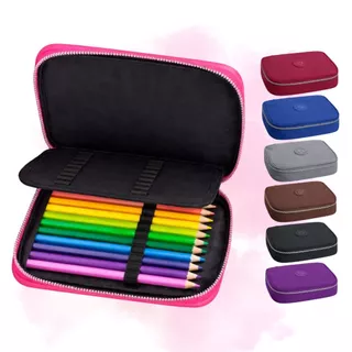 Estojo Box Grande Material Escolar Juvenil Nylon impermeável Com Divisória Colorido