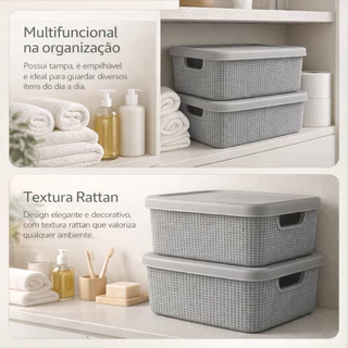 Kit Caixas Organizadoras com Tampa Cesto Grande em Plástico 5 Litros Jaguar