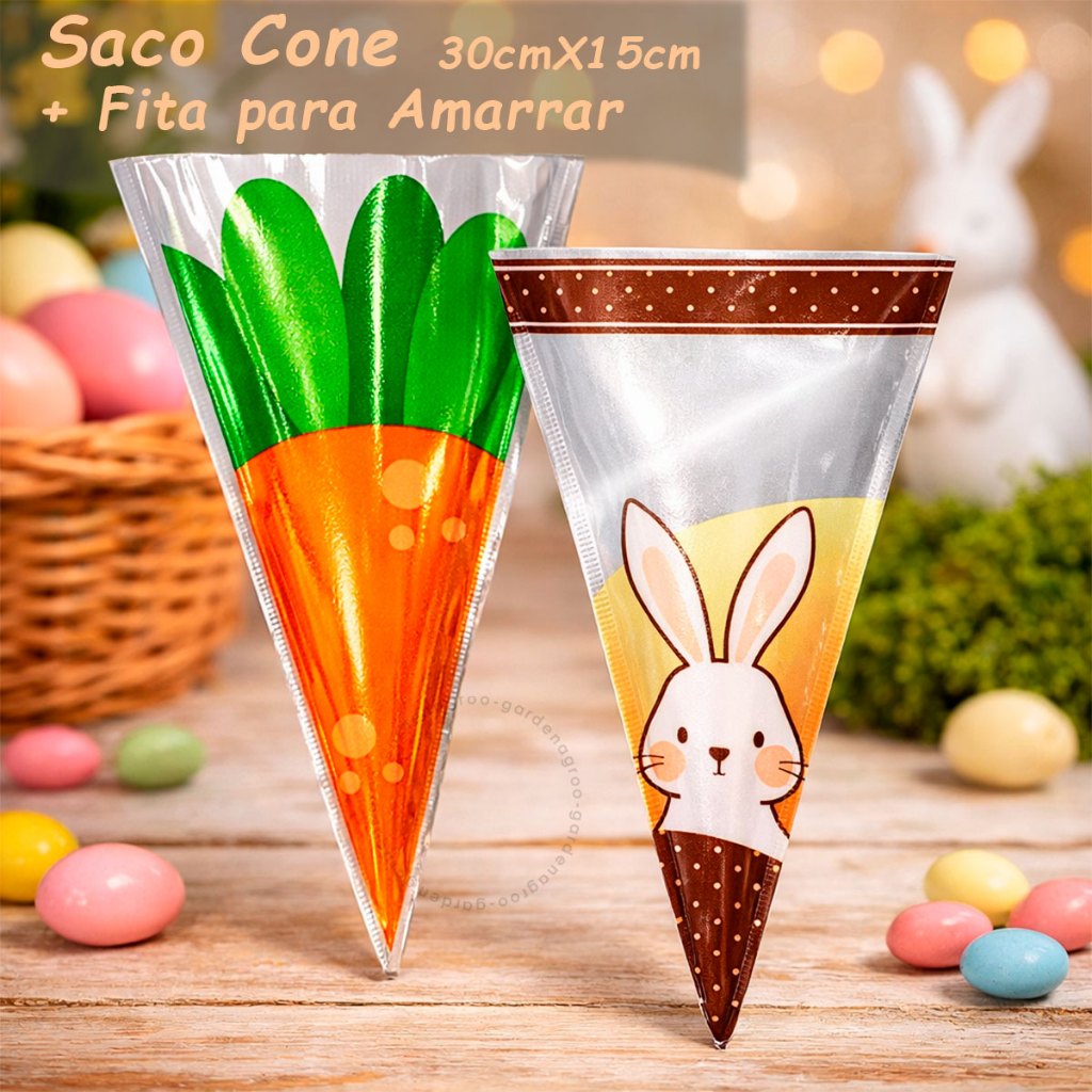 Kit Saco Plástico Cone 15cm X 30cm + Laço Saquinho Doces Chocolate Mimo ...