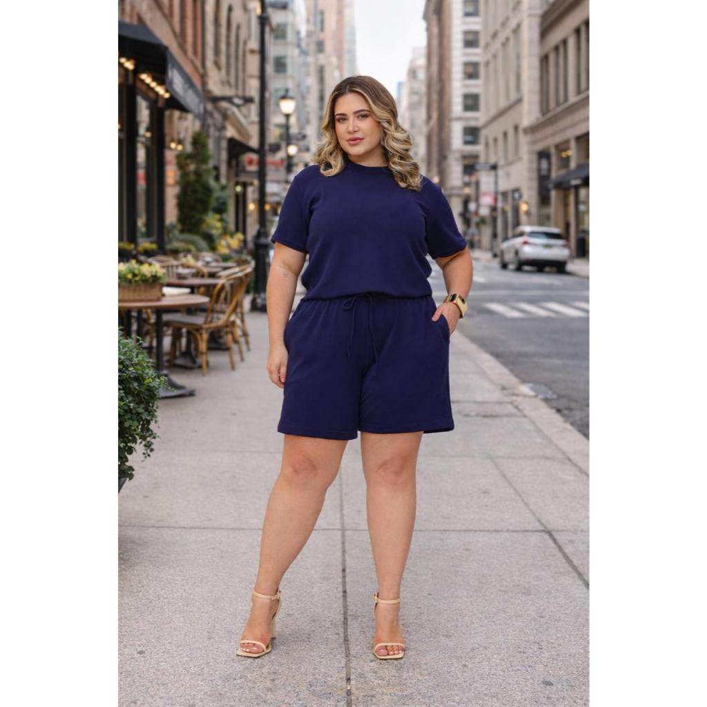Conjunto Feminino Plus Size Verão Cropped e Short Tecido Malha Crepe Premium G1 G2 G3 G4