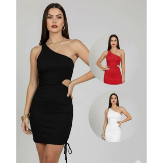 Vestido Feminino Tubinho Franzido moda gringa Recorte na Barriga Amarração Lateral