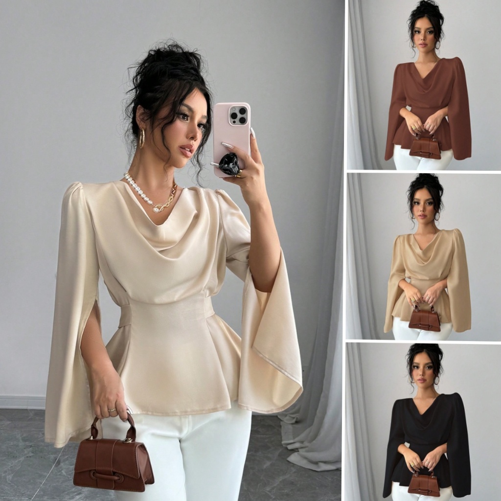 Elegante de Top Manga Longa com Gola Lapela e Fenda Sólida Top Peplum de para Mulheres