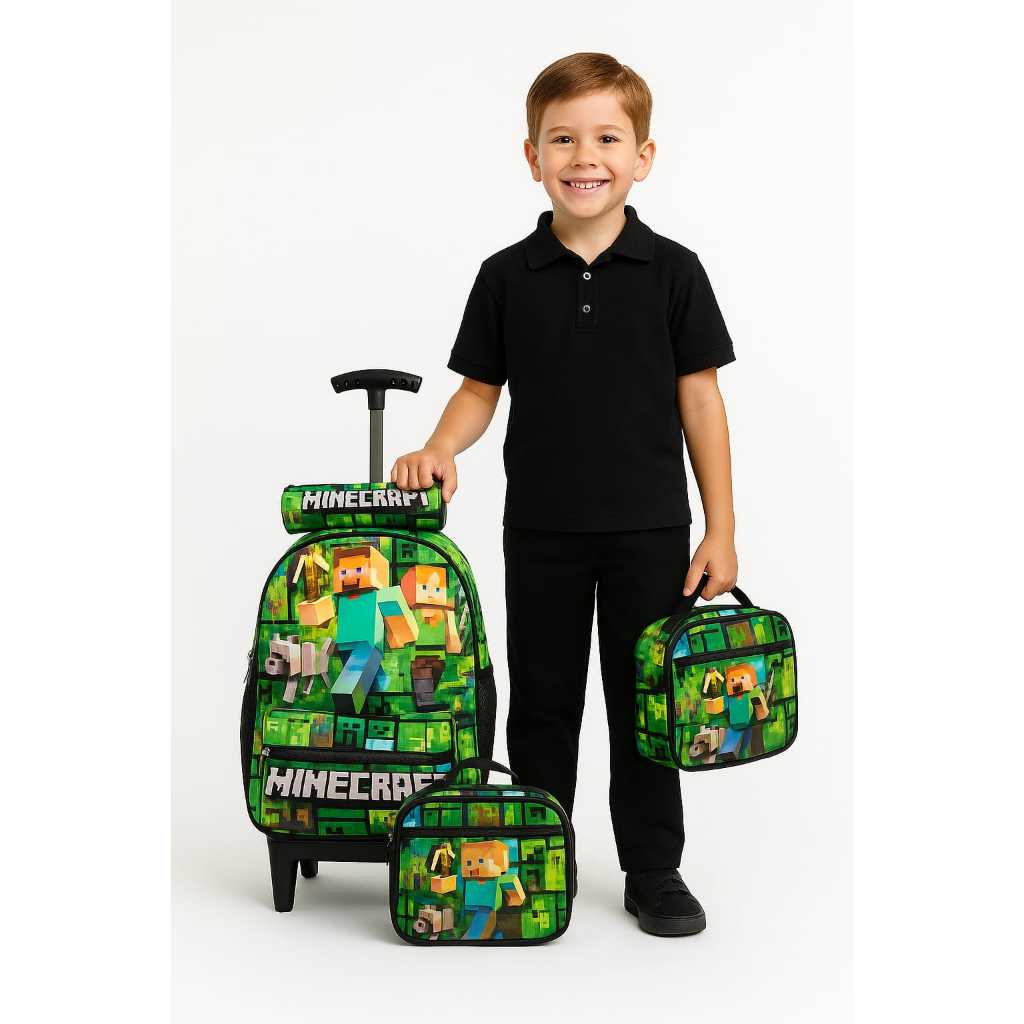 Mochila Escolar Minecraft Roblox de Rodinhas Menino | Kit de Três Peças| Lancheira + Estojo|