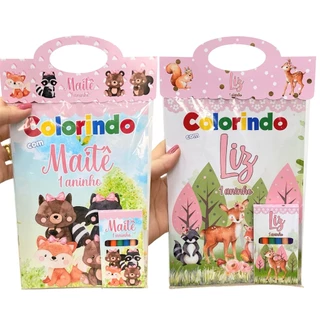 Lembrancinha Bosque Rosa Menina - Kit de Livros para Colorir + Mini lápis de cor