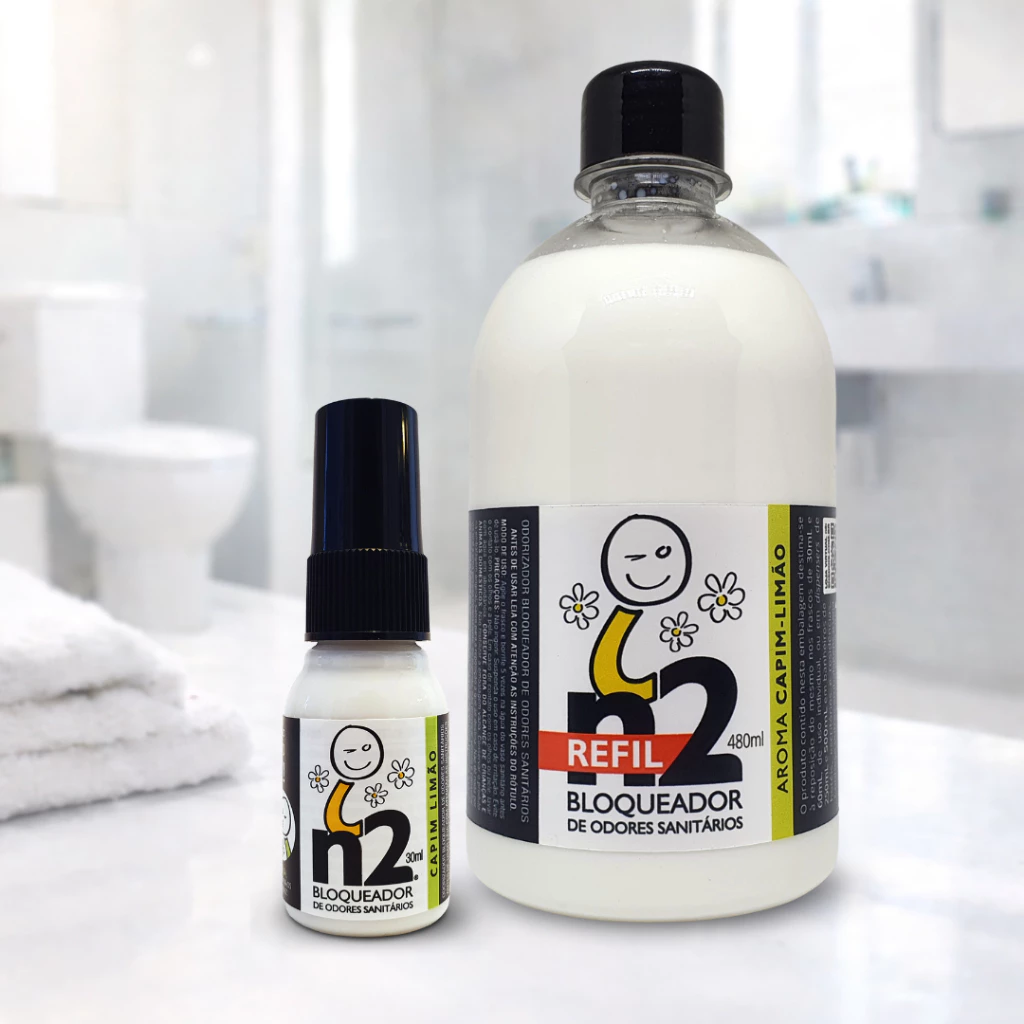 n2 Bloqueador de Odores Sanitários | Impede o Mau-cheiro | Refil 510ml + Spray 30ml | Capim-Limão